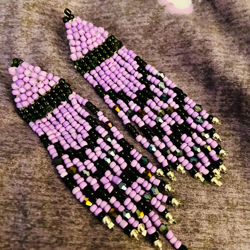 Handmade Purple & Black Seed Bead Fringe Earrings